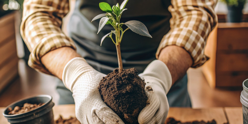 A gardener plants a new plant in brown soil